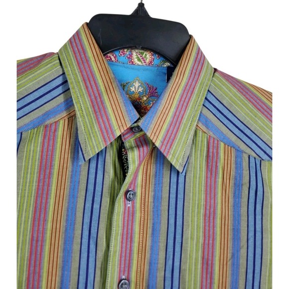 Robert Graham Dress Shirt Mens M Blue Green Red Colorful Striped Flip Cuffs LS - Picture 4 of 11